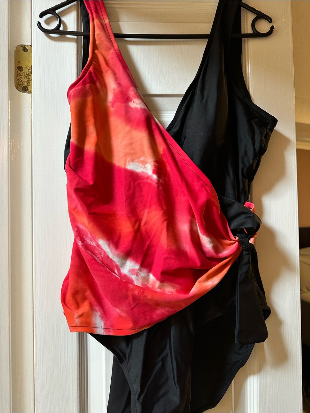 Women's Black One-Piece Swimsuit with Red-Pink Tie-Dye & matching sarong skirt